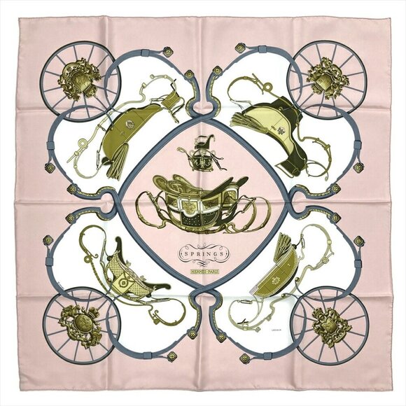 Hermes Pink and Gold Silk Scarf Horse and Carriage Buggy Springs